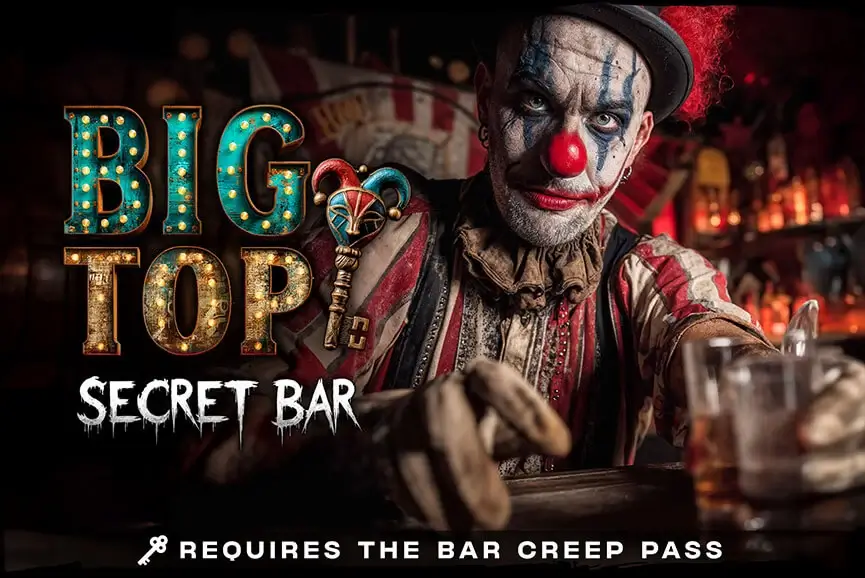 Creepy clown inside Big Top Secret Bar at haunted house