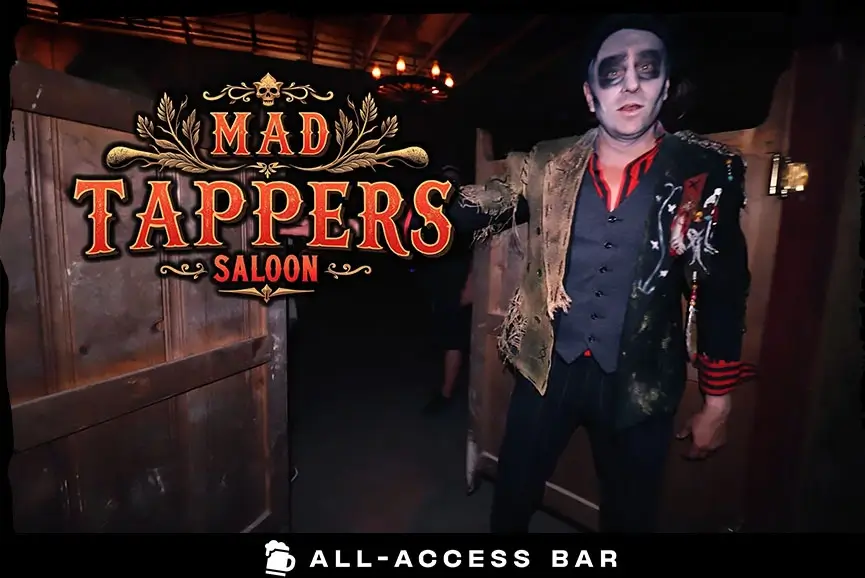 Scare actor inside Mad Tappers haunted bar at Cincinnati Fear Fest