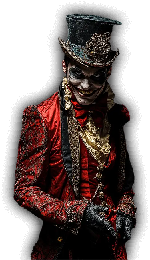 Sinister Ringmaster Character – Cincinnati Haunted Attraction Creepy ringmaster in red and gold outfit at Cincinnati haunted house