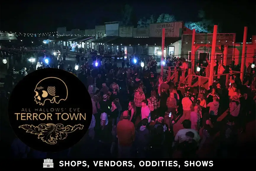 Crowd gathering at outdoor haunted town area at Cincinnati Fear Fest