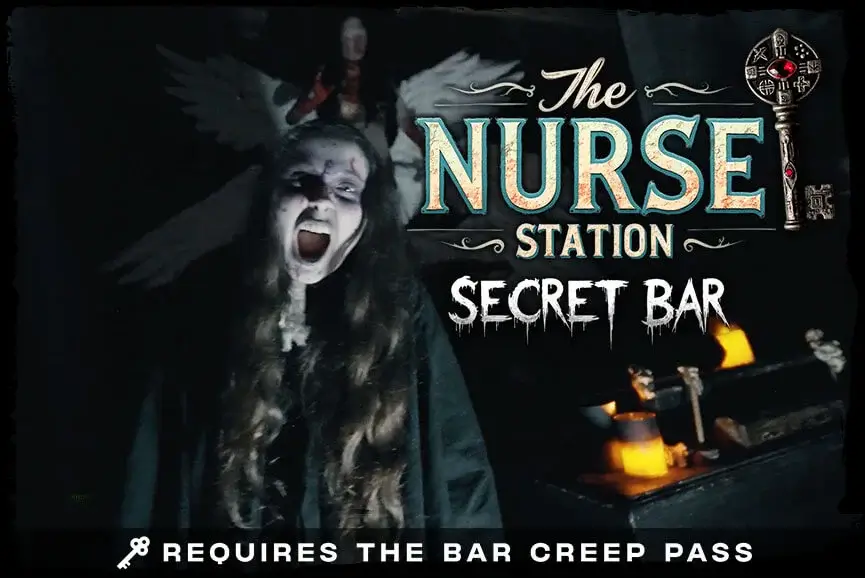 Woman bartender at haunted Nurse Station bar at Cincinnati Fear Fest