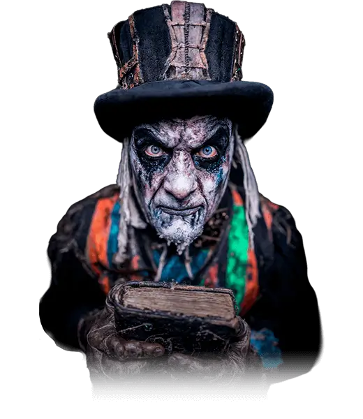The Gravekeeper – Necro Librarian Top-hatted gravekeeper clutching a dusty spellbook, icy blue eyes glowing under brim.