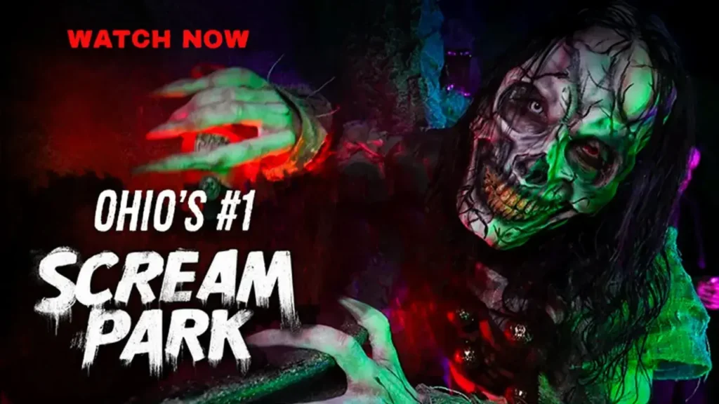 Ghastly zombie-clown lunges in green-red light next to bold text “Ohio’s #1 Scream Park – Watch Now,” promoting Cincinnati Fear Fest trailer.