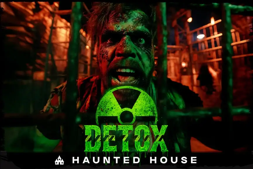 Radio-active green “DETOX” logo drips beside a caged, radiation–scarred mutant screaming inside Cincinnati Fear Fest’s toxic haunt.