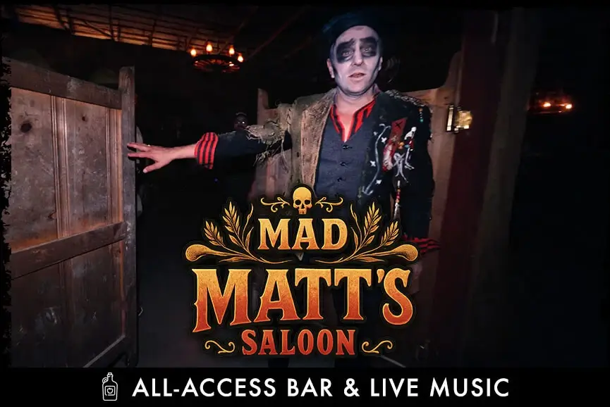 Scare actor inside Mad Tappers haunted bar at Cincinnati Fear Fest