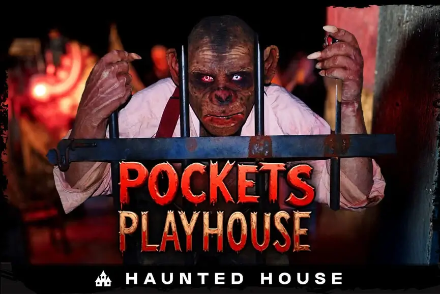 Haunted monkey performer inside Pockets Playhouse at Fear Fest