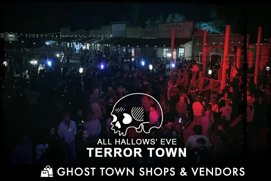 Crowd gathering at outdoor haunted town area at Cincinnati Fear Fest