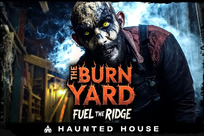 Burnt scare actor outside Burn Yard haunted house in Ohio