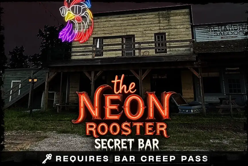Outside facade of the Neon Rooster secret bar at Cincinnati haunted scream park