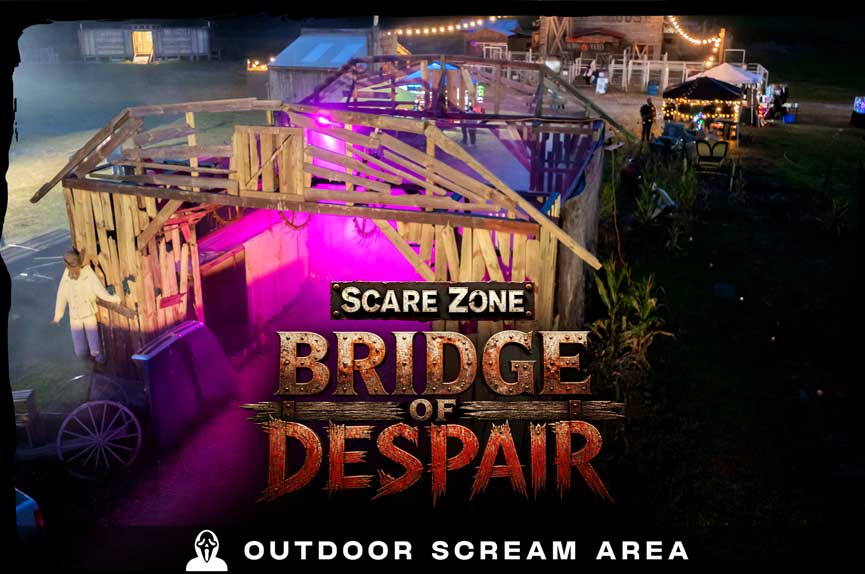 An overhead night view of a dilapidated wooden bridge structure lit from within by eerie purple lighting, featuring a creepy figure standing near the entrance. The text reads "Scare Zone Bridge of Despair. Outdoor Scream Area."