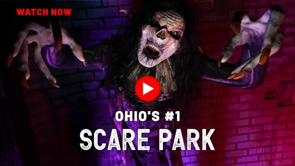 Ghastly zombie-clown lunges in green-red light next to bold text “Ohio’s #1 Scream Park – Watch Now,” promoting Cincinnati Fear Fest trailer.